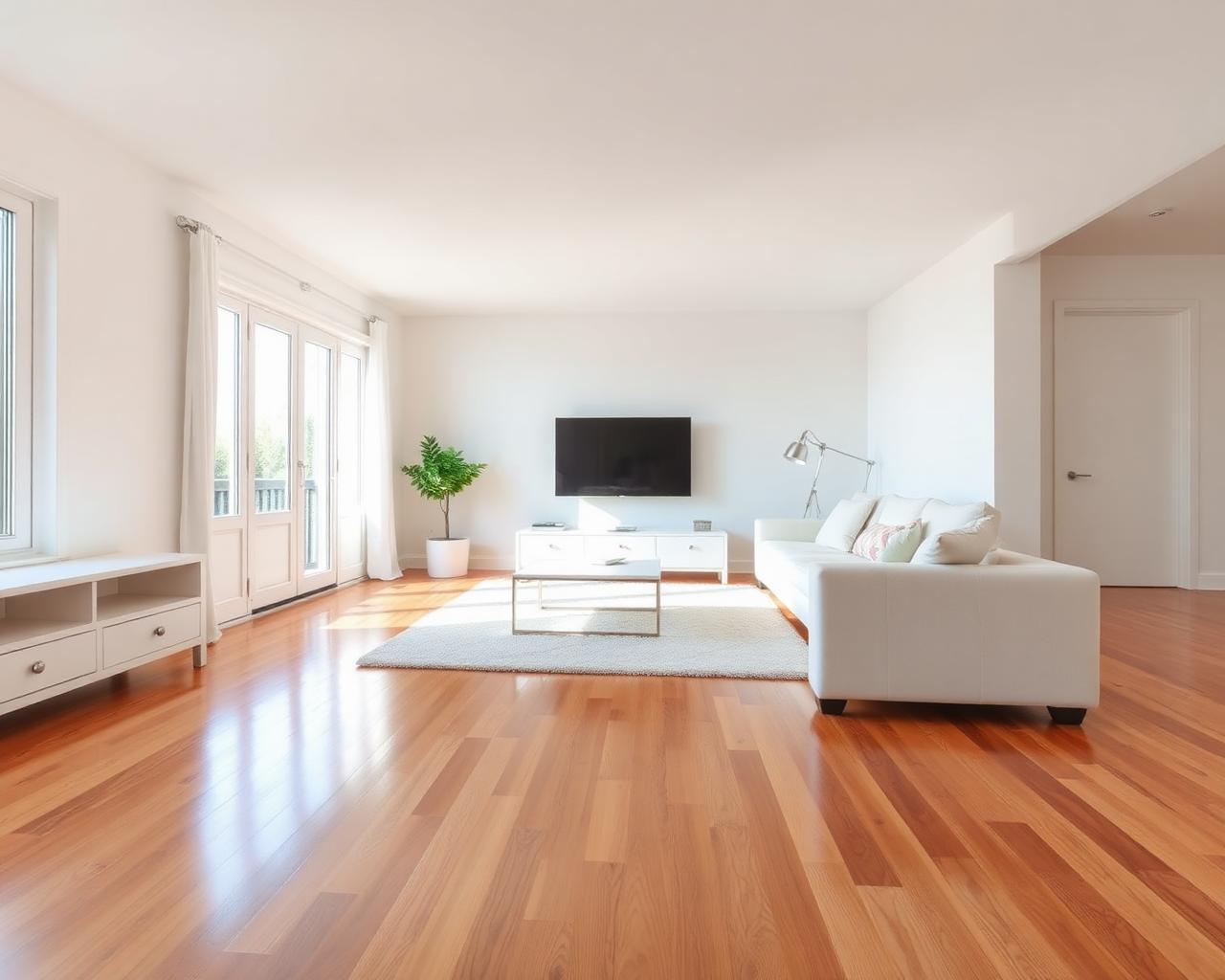Freshly cleaned bright living room with polished floors.